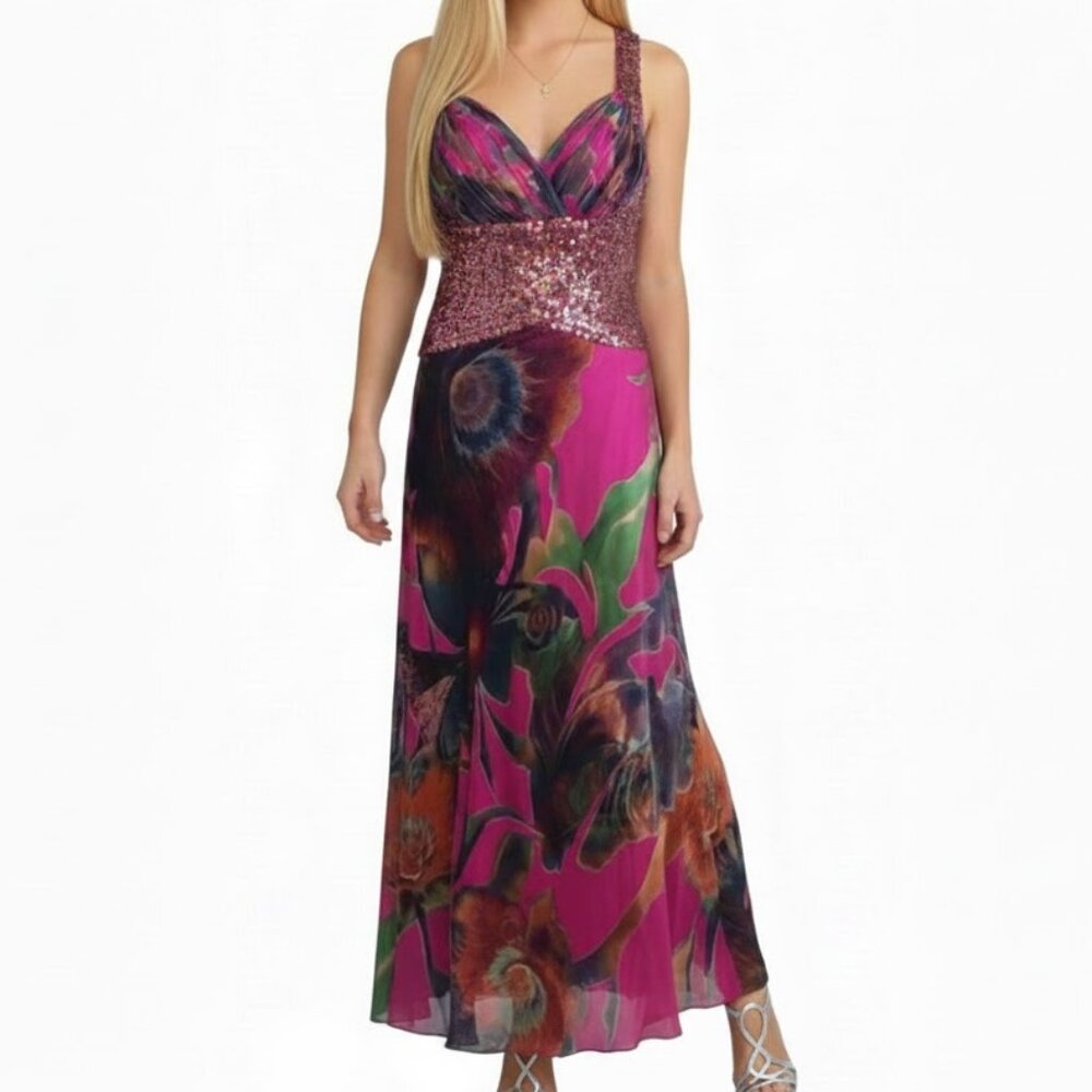 Hot Pink Floral Sequin Prom Dress - Coquette Y2K Open Back Maxi